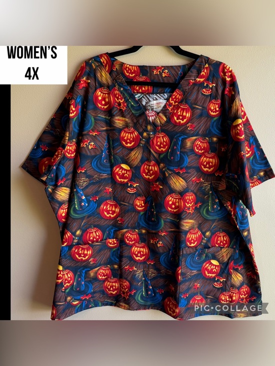 Vintage Tops - VTG Halloween Scrub Top Jack O Lantern Pumpkins Witch Hats Short Sleeve Size 4X